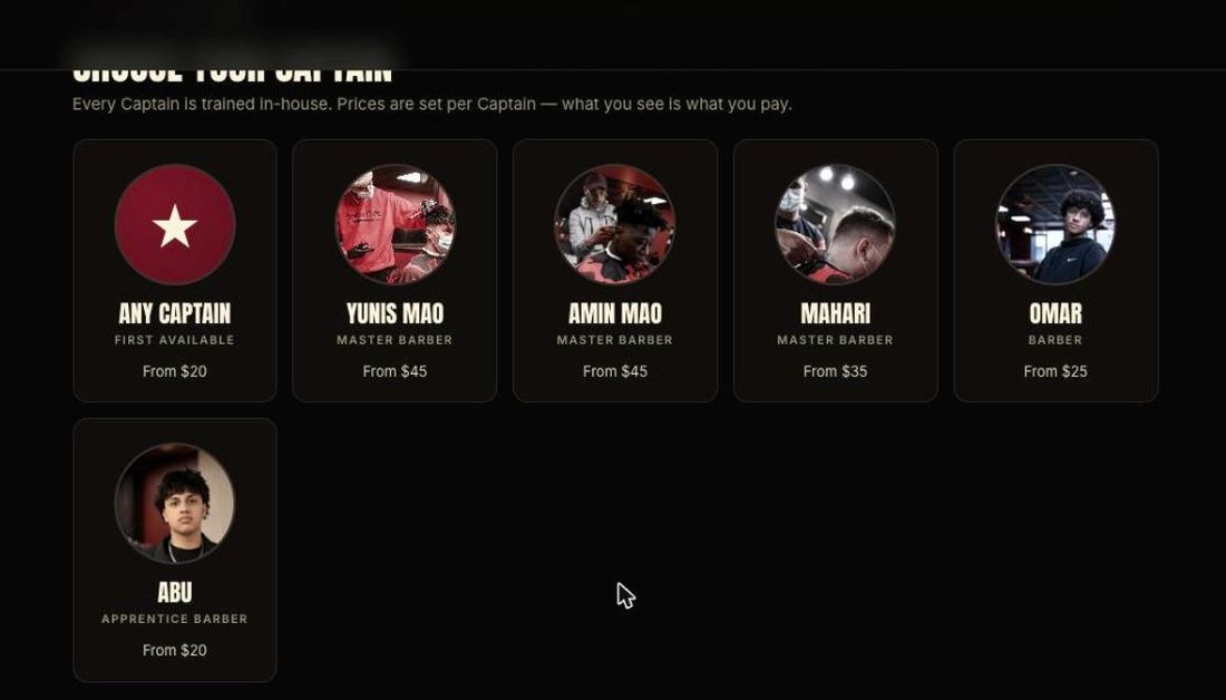 Barber cards with each barber's title and starting price