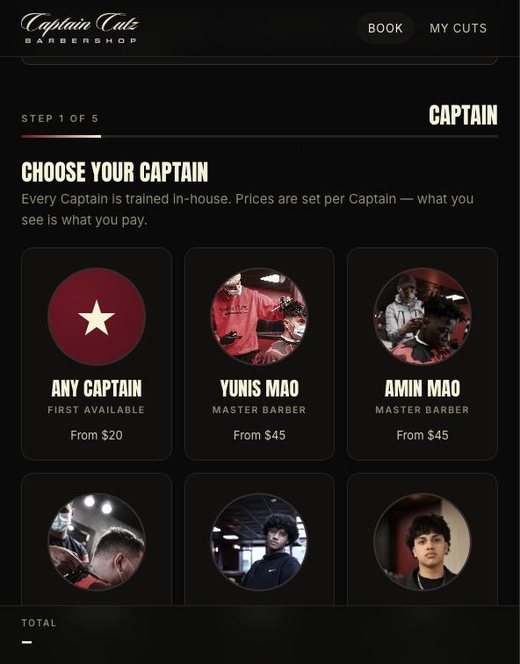 Booking app on a phone showing the Choose your Captain step