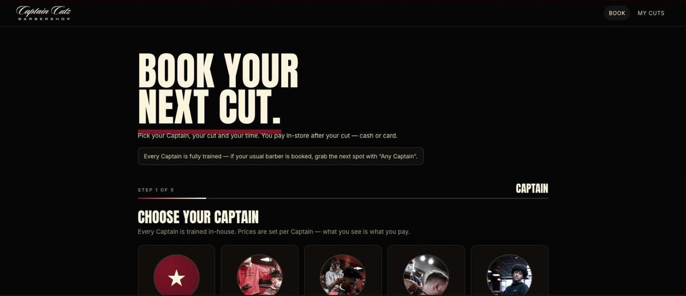 Captain Cutz booking app: Book your next cut, step 1 of 5